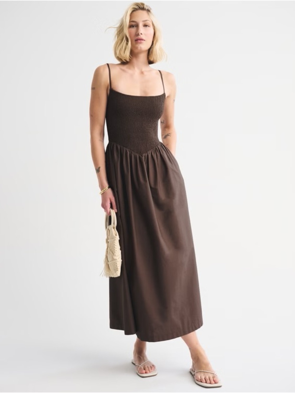 Abercrombie & Fitch A&F Sydney Smocked Dipped-Waist Midi Dress in Brown - Picture 1 of 6